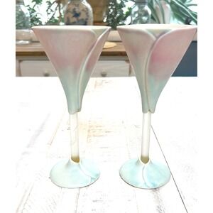 Newman Ceramic Works Salem Signed Pastel Studio Pottery Flutes Vases Set of 2